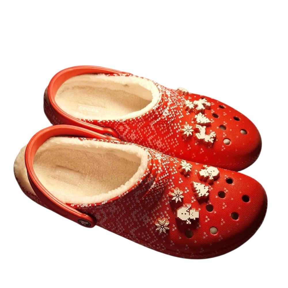 Crocs Christmas Winter  RED WHITE Holiday Sherpa LIned Clogs Men's 13 Comfort